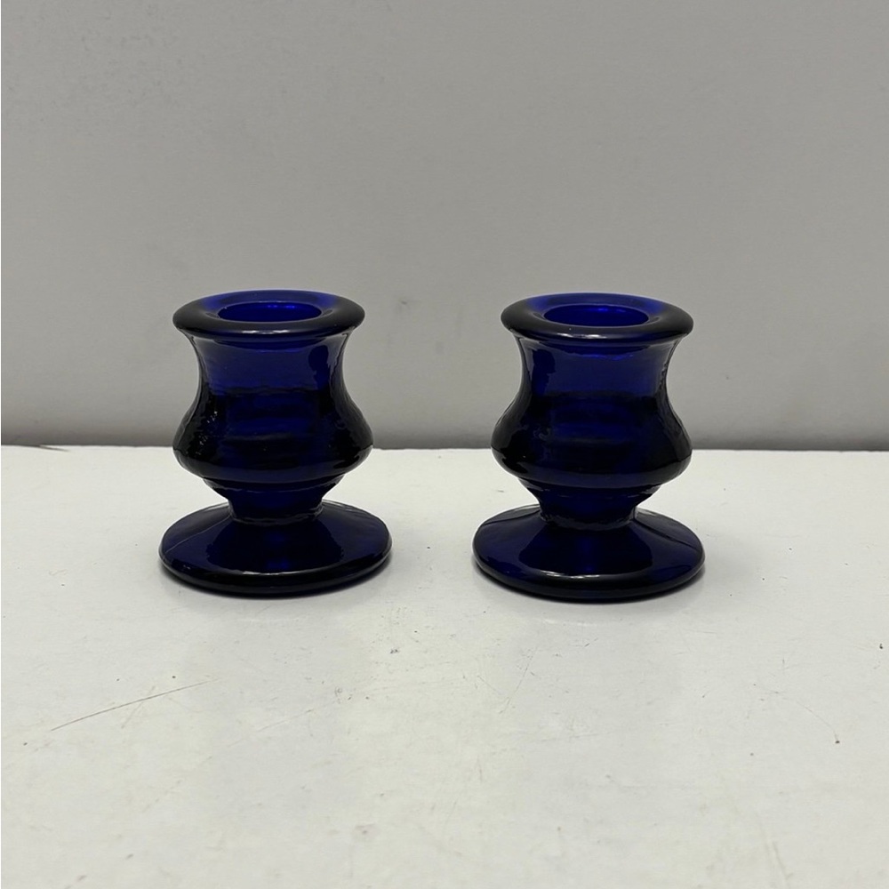 Pair of Small Vintage Footed Cobalt Blue Glass Taper Candlestick Holders